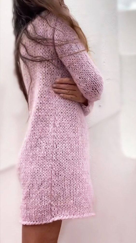 Pink Alpaca knit long sweater dress, slouchy with long slim sleeves sustainable ethical clothing