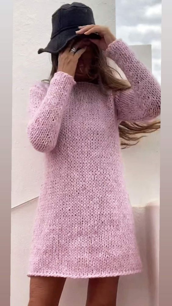 Pink Alpaca knit long sweater dress, slouchy with long slim sleeves sustainable ethical clothing