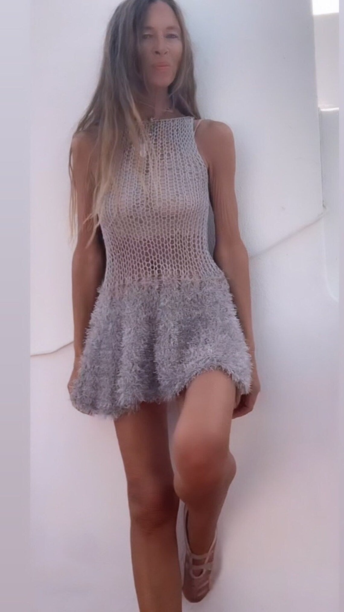 Silver gray mini dress faux fur skirt, cotton bodice beach wear, sheer knit skater dress Ibiza style custom colours available