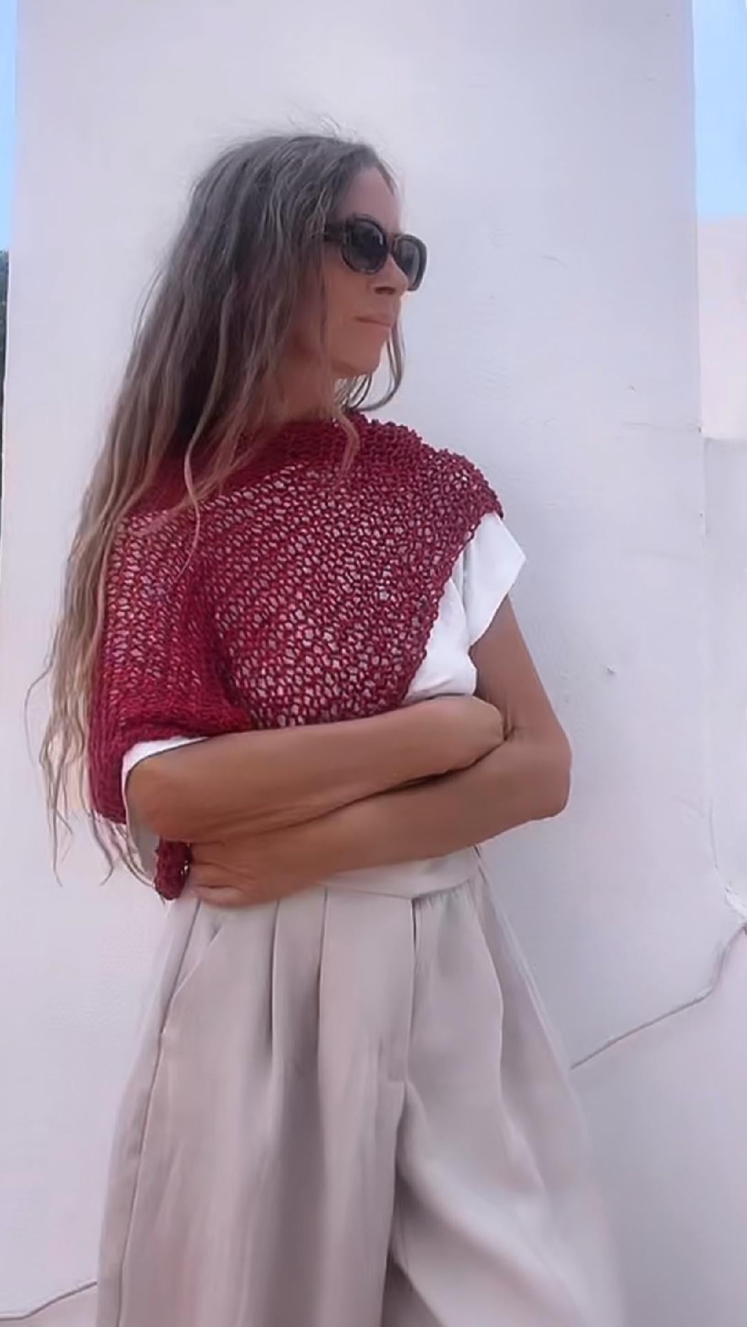 Burgundy red Poncho, cotton Poncho, Hand knit ethical sustainable vegan clothing