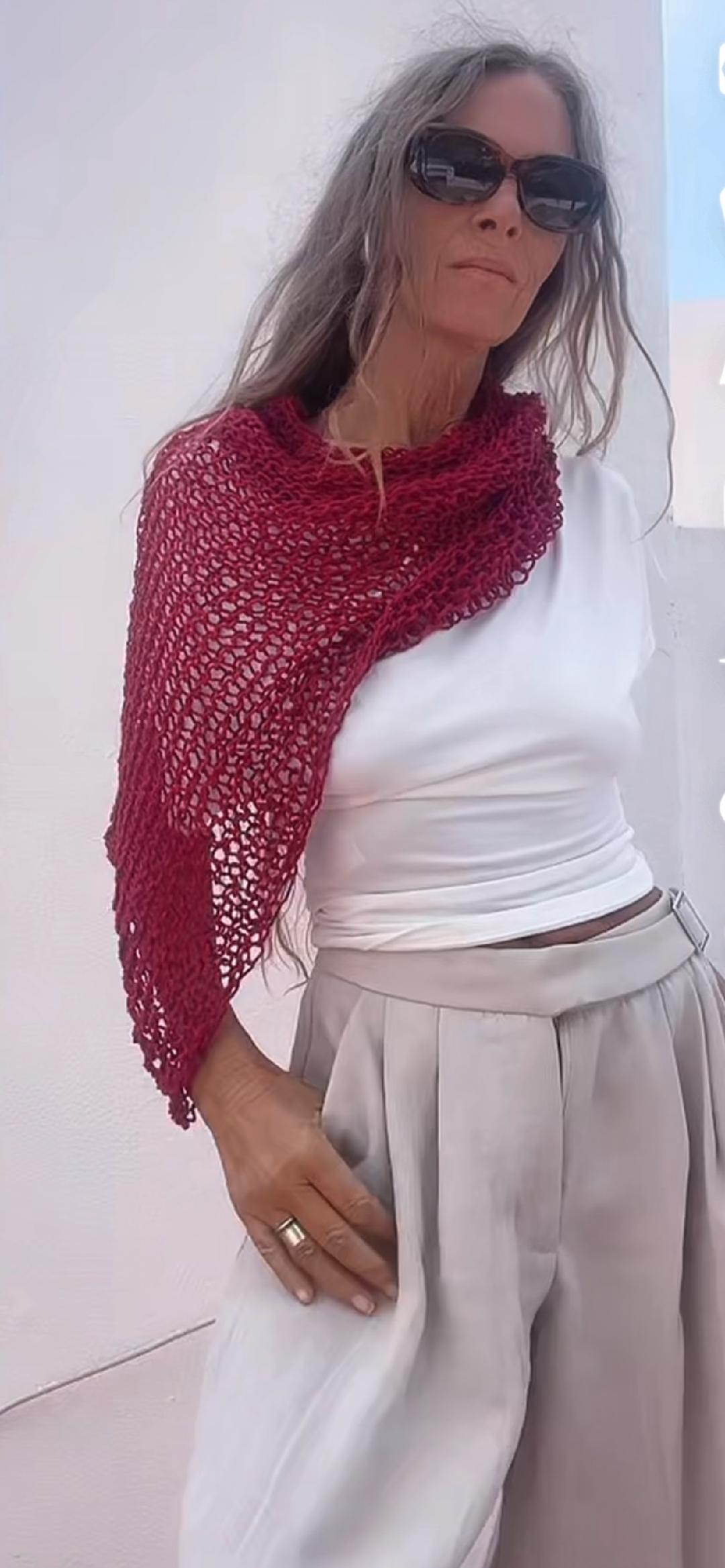 Burgundy red Poncho, cotton Poncho, Hand knit ethical sustainable vegan clothing