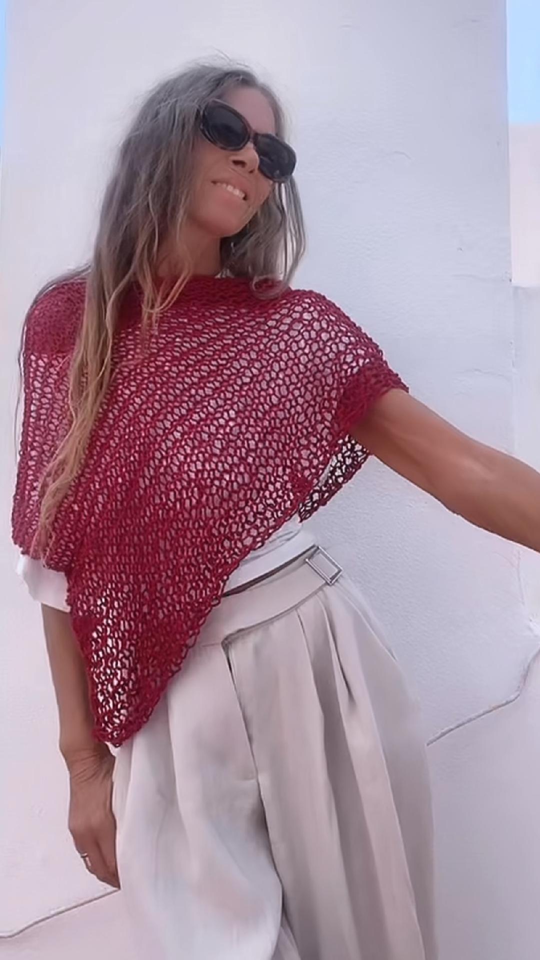 Burgundy red Poncho, cotton Poncho, Hand knit ethical sustainable vegan clothing