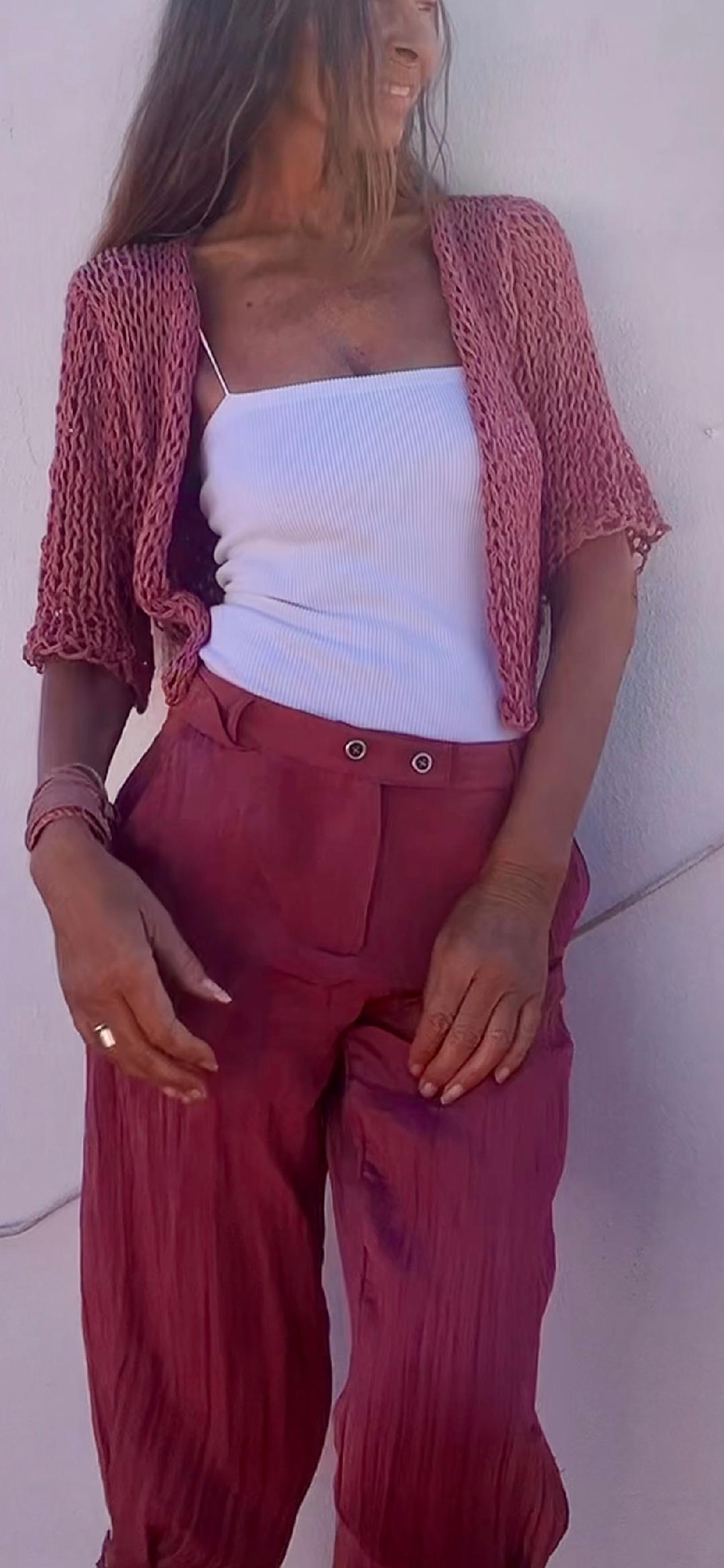 Pink Linen Cotton Knit Bolero Shrug - Cropped Cardigan
