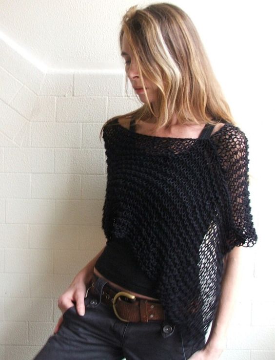 black knitted poncho/summer poncho/Cotton top/sheer/summer knit/vegan/clothing