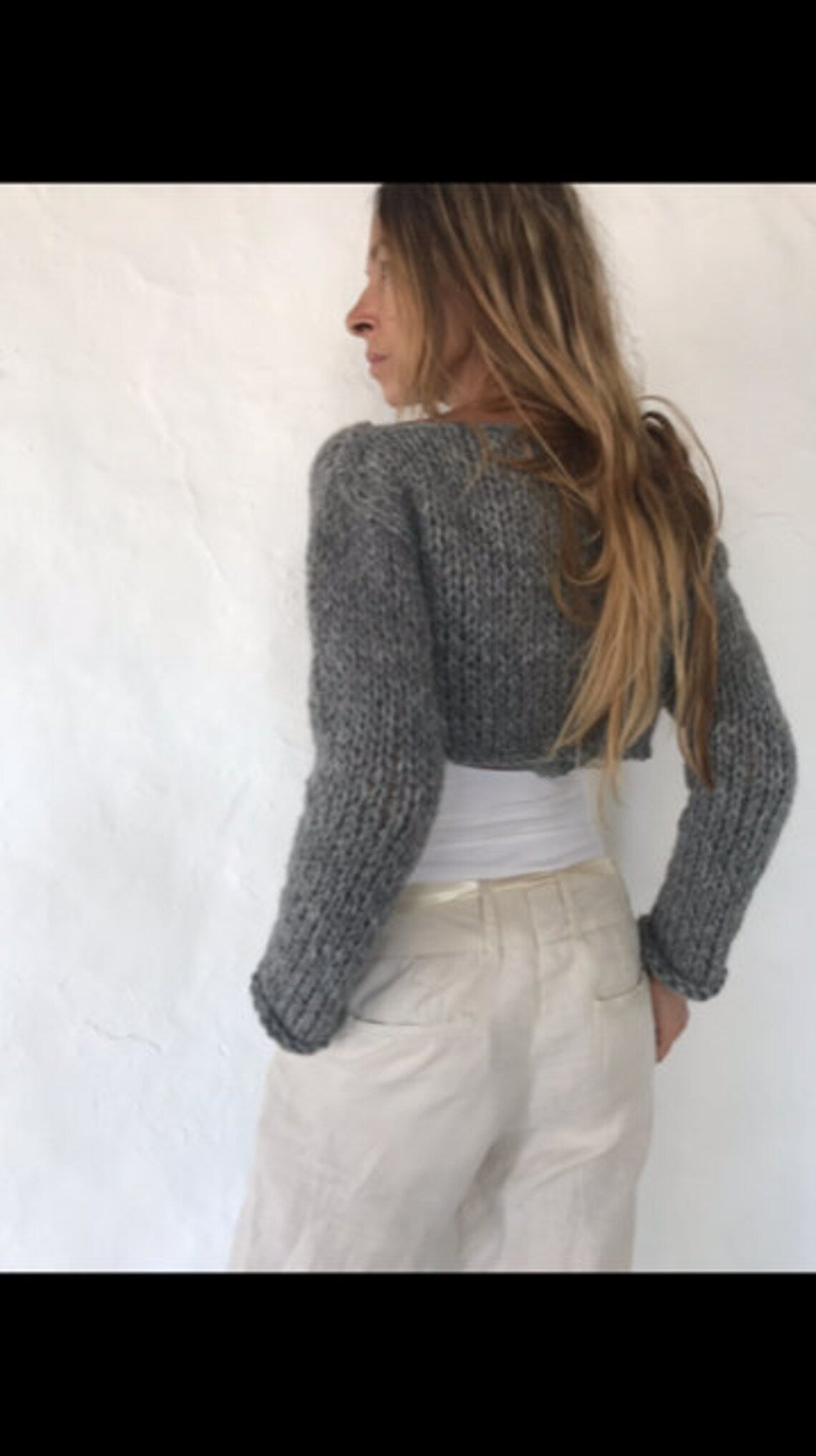 Gray Alpaca blend crop crop, with long slim sleeves