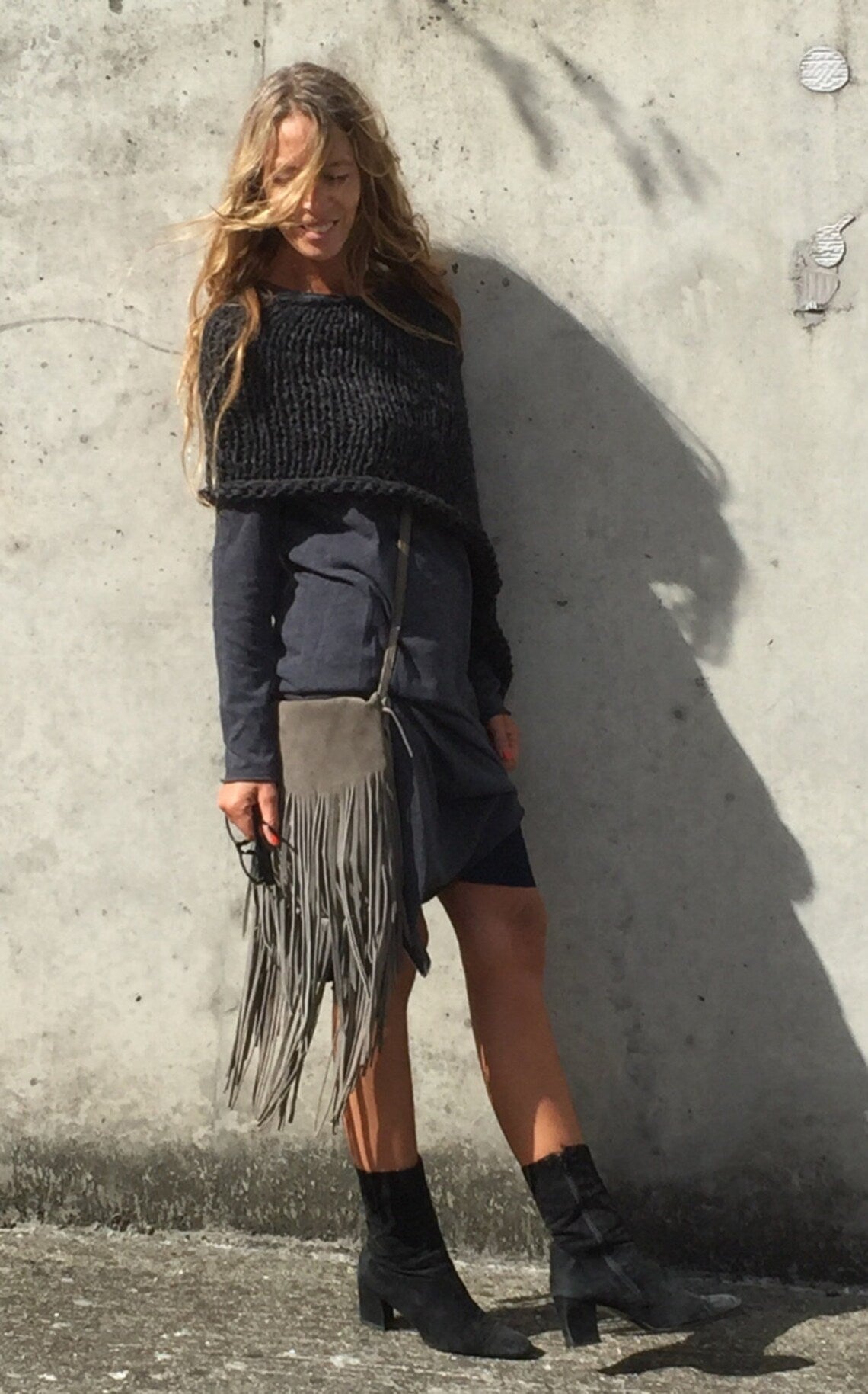 Charcoal Gray Alpaca poncho cover-up, hand knit sustainable ethical fashion