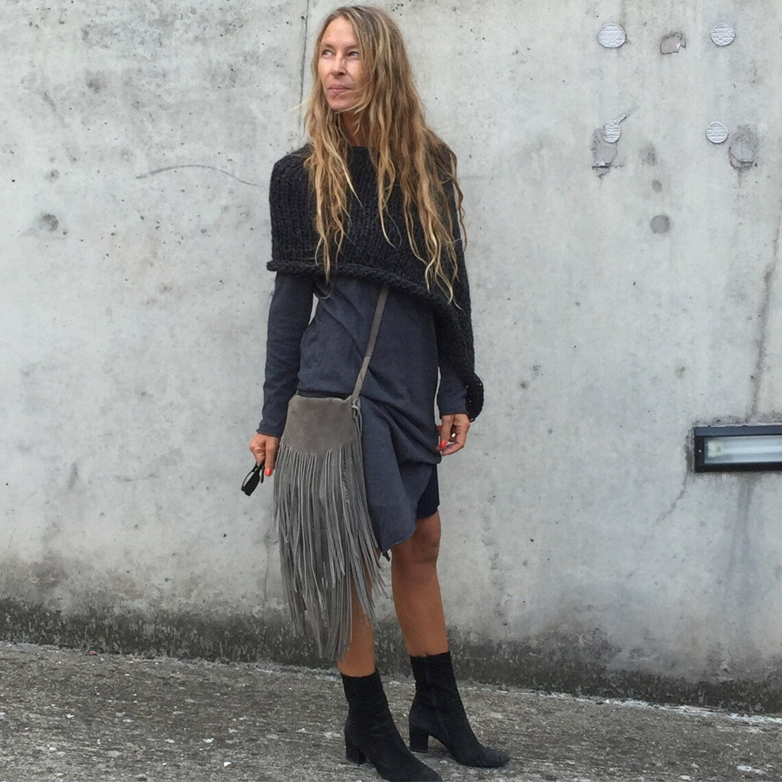 Charcoal Gray Alpaca poncho cover-up, hand knit sustainable ethical fashion