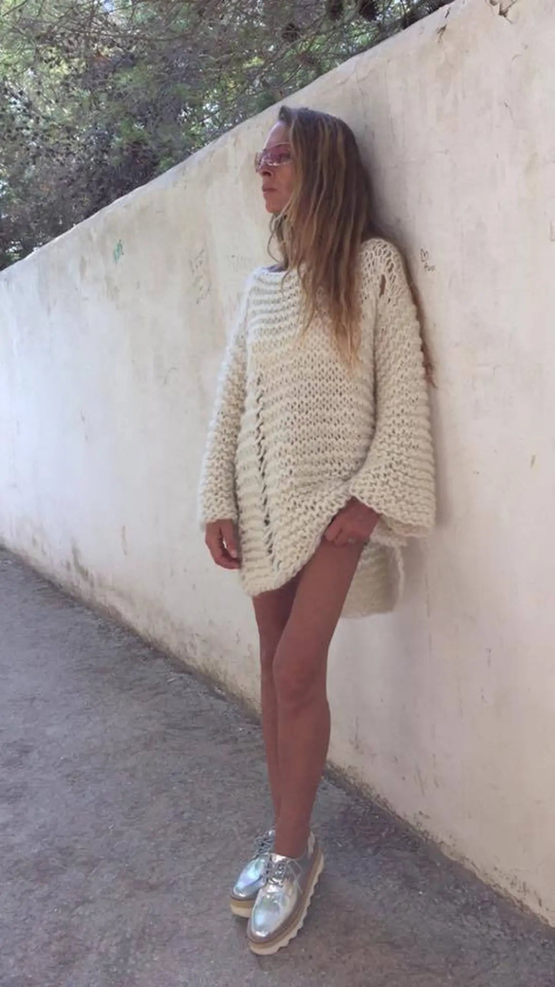 ivory white chunky Sweater dress, chunky, slouchy fit with distressed detail