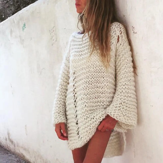 ivory white chunky Sweater dress, chunky, slouchy fit with distressed detail