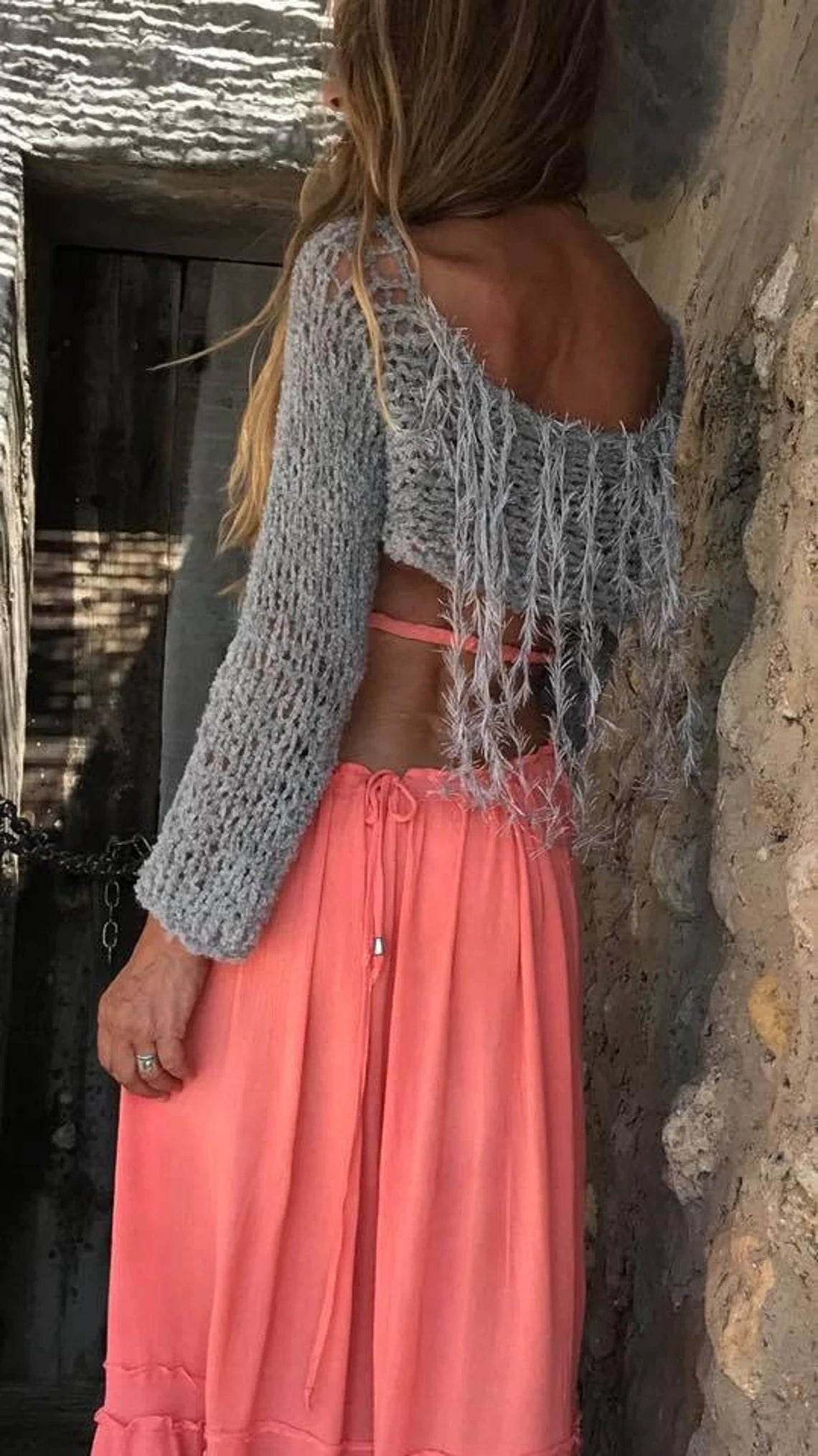 Crop top open back with fringe detail gray sweater beach wear