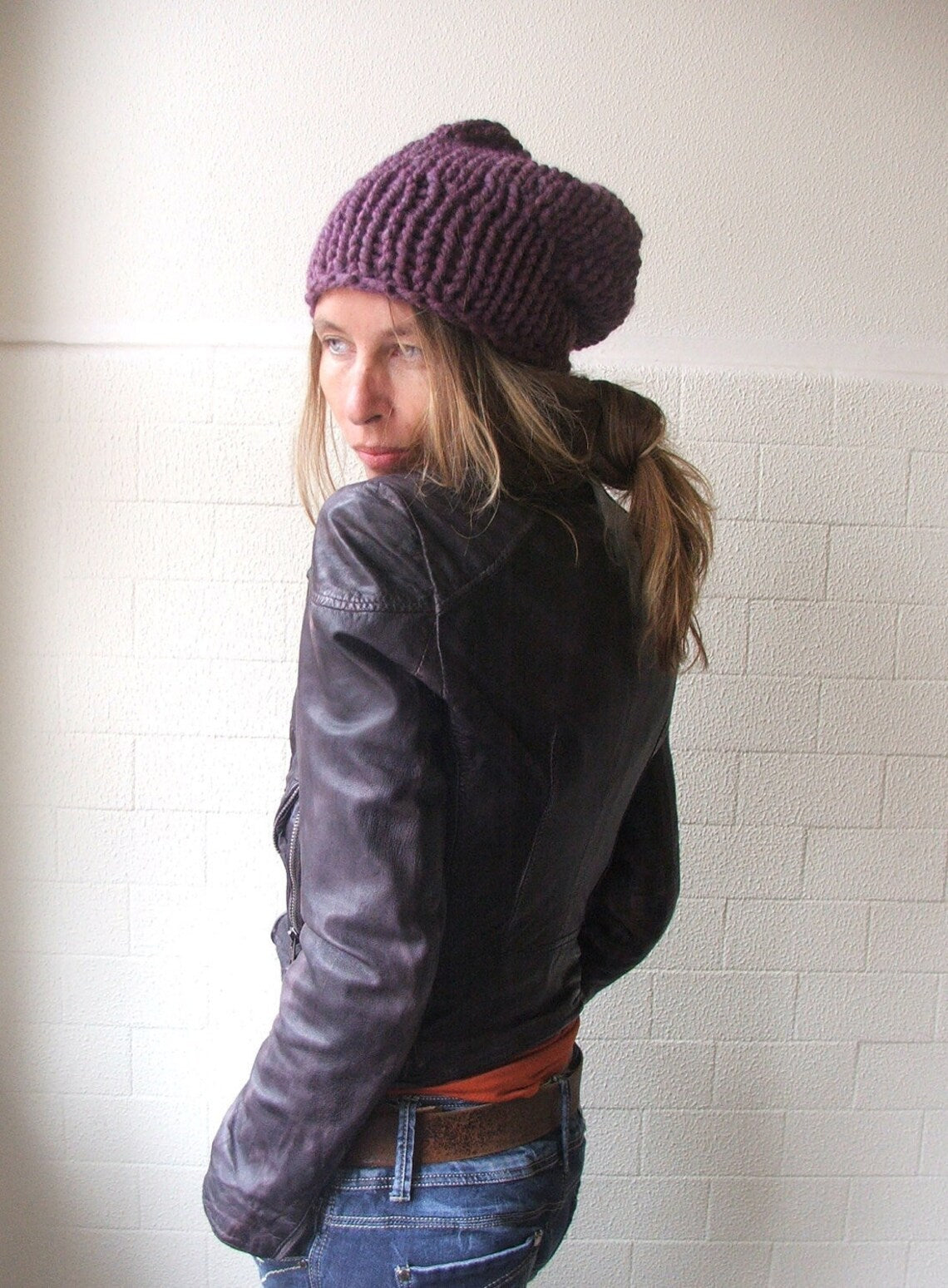 Purple hat,slouchy beanie, chunky, plum purple hat, vegan hat