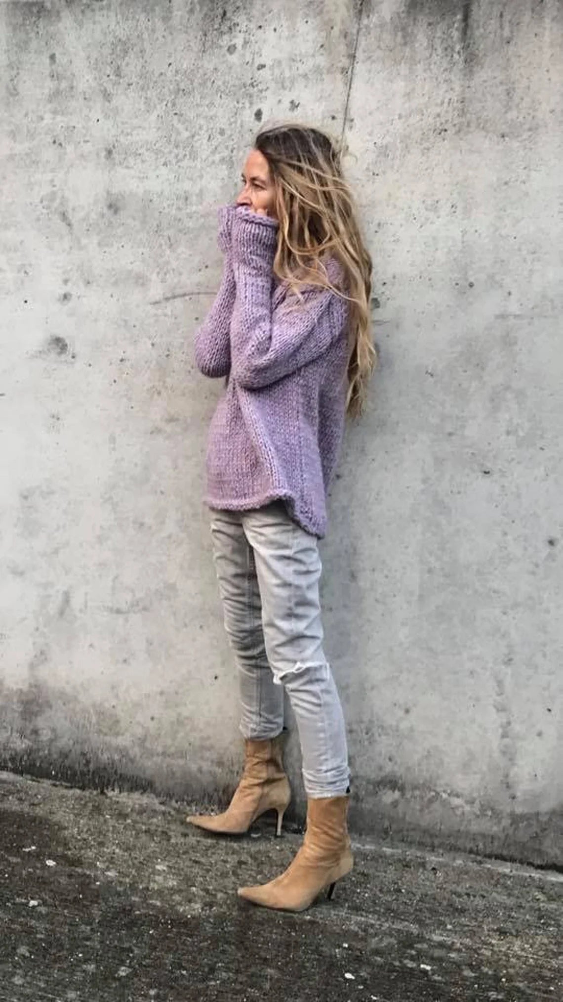 women's alpaca over sized lilac sweater, slouchy, purple pink extra long sleeve, alpaca