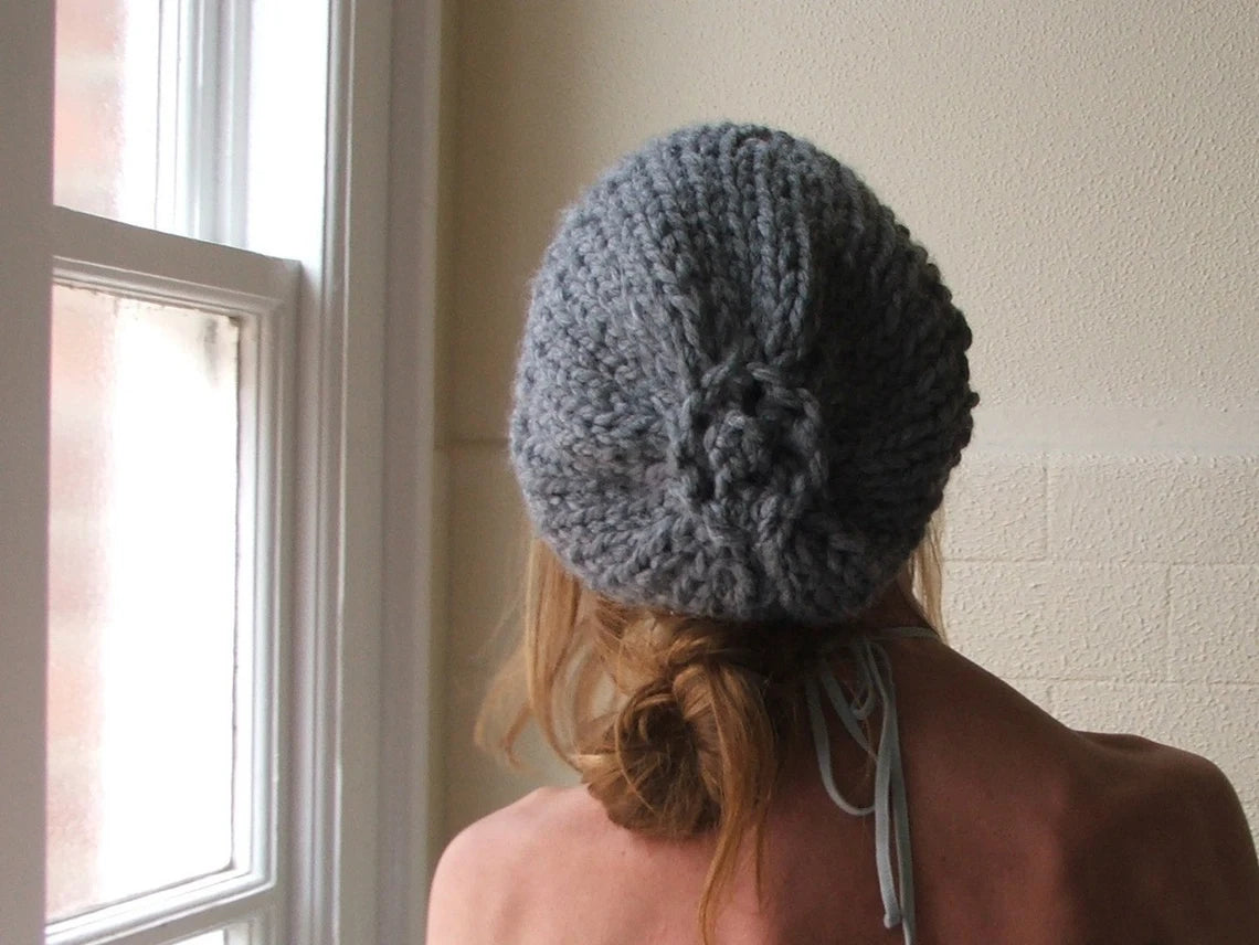 Gray hat, beanie, slouchy, chunky knit, hand knit, vegan hat