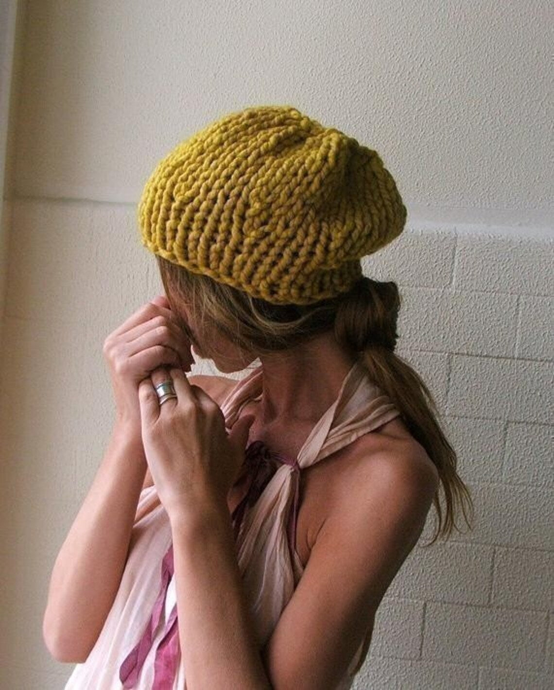 Mustard Yellow hat, beanie, vegan, chunky knit vegan hat