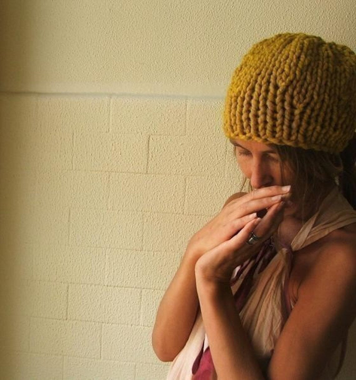 Mustard Yellow hat, beanie, vegan, chunky knit vegan hat