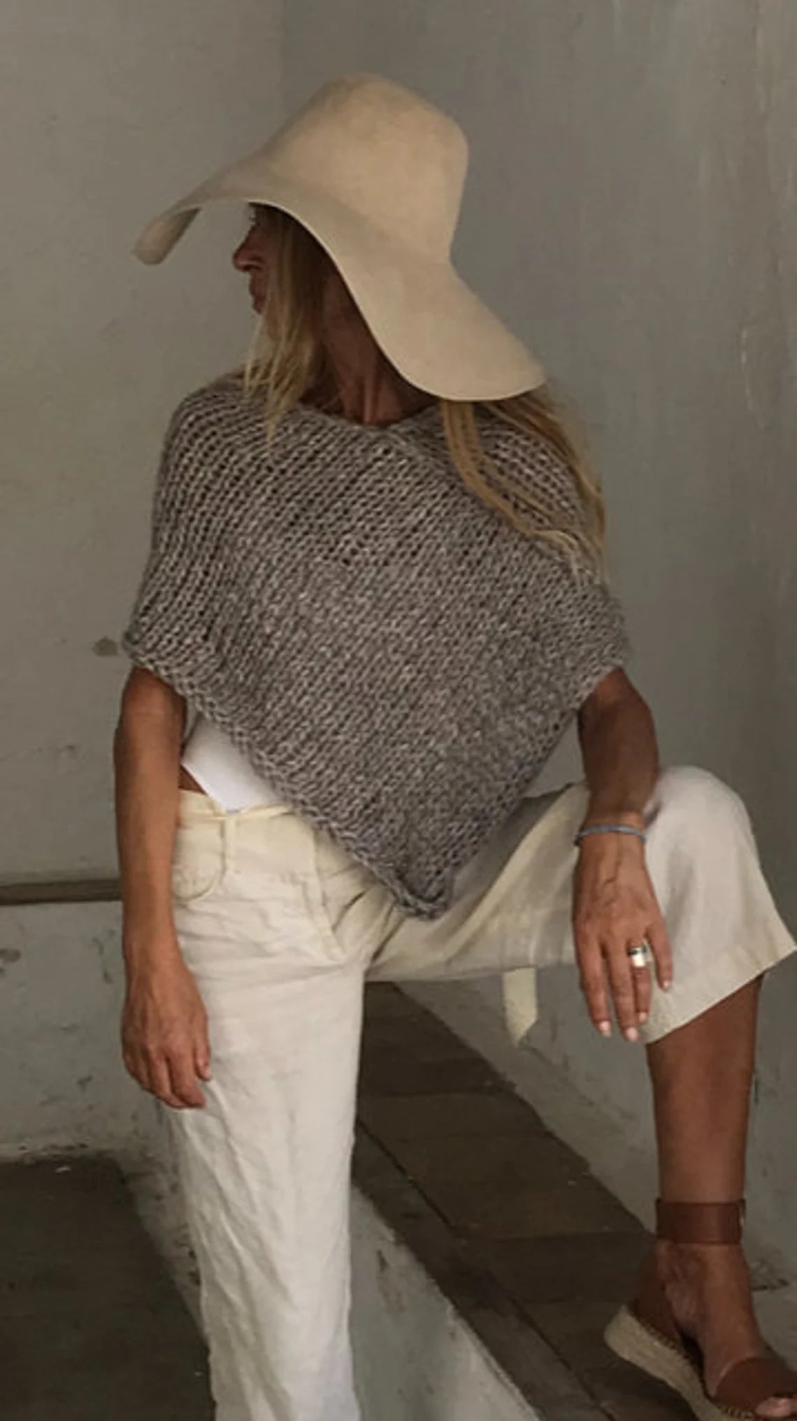 Beige poncho alpaca hand-knit sustainable ethical fashion