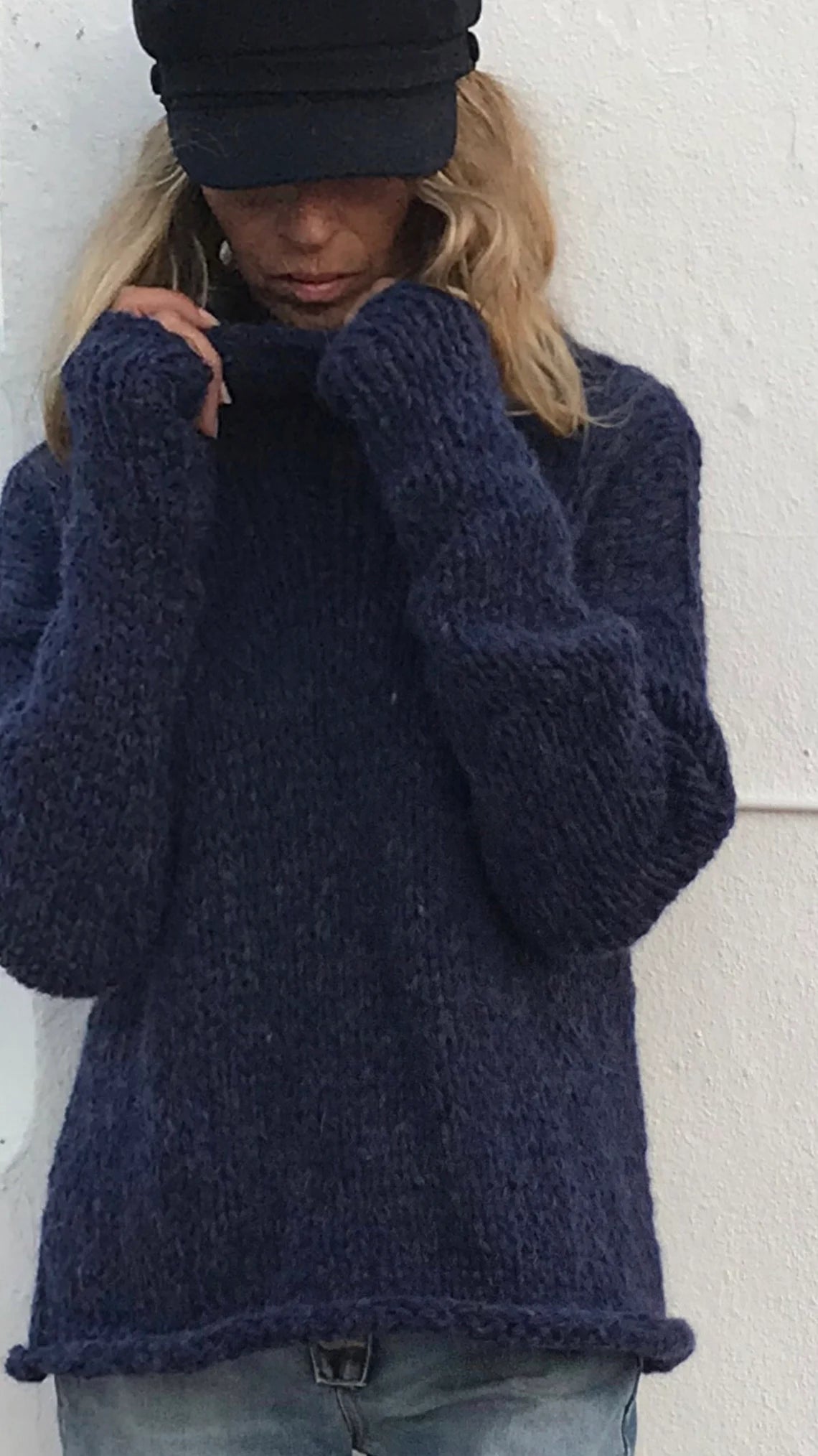 Navy Alpaca Blue Sweater, slouchy over-sized with extra long sleeves, slouchy pullover sustainable ethical