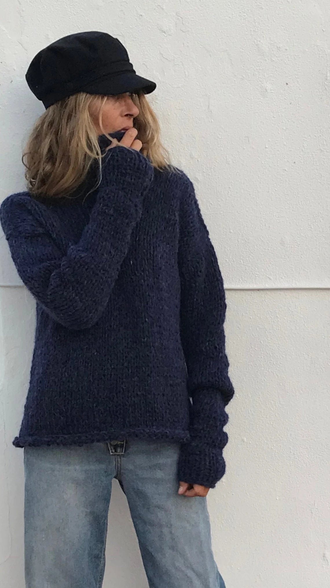 Navy Alpaca Blue Sweater, slouchy over-sized with extra long sleeves, slouchy pullover sustainable ethical