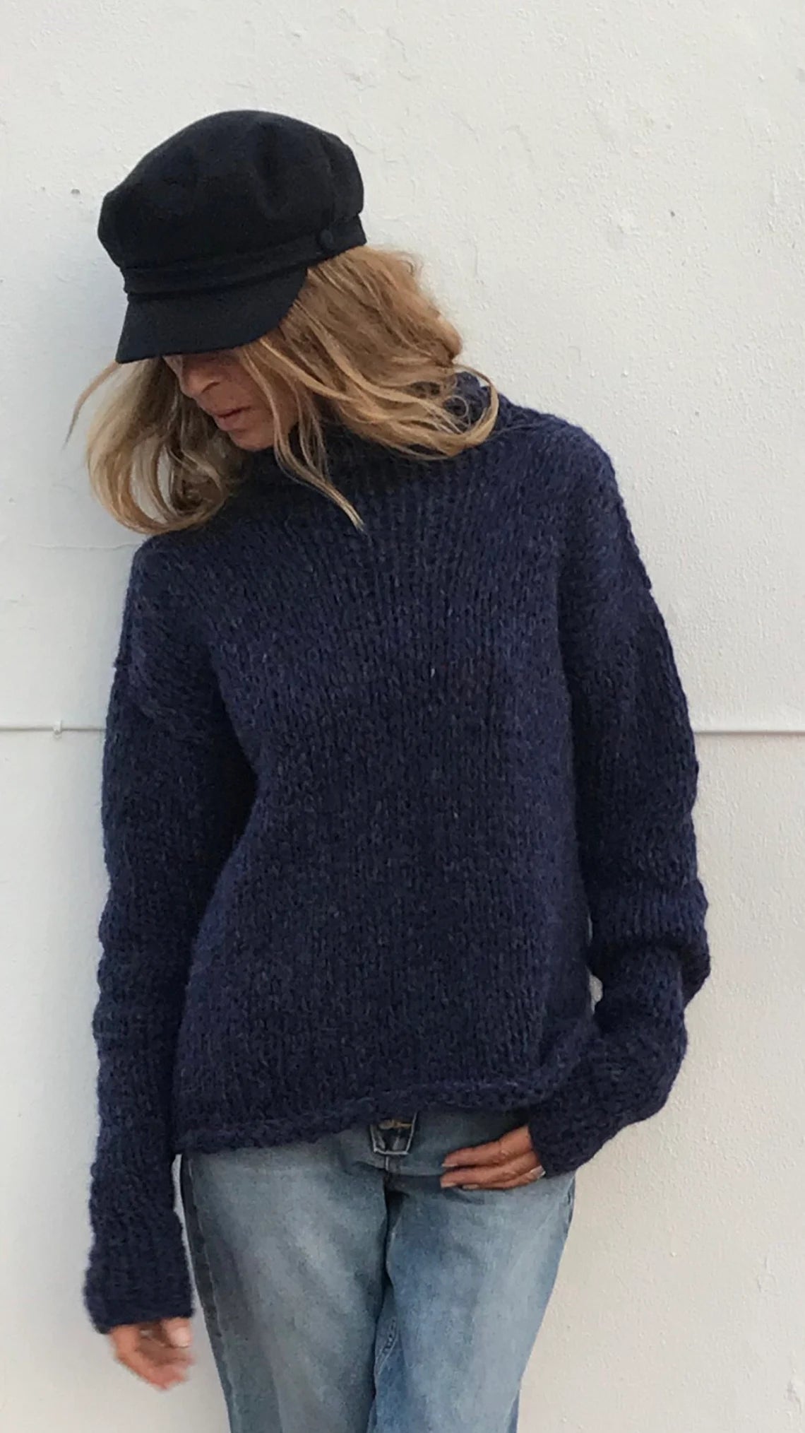 Navy Alpaca Blue Sweater, slouchy over-sized with extra long sleeves, slouchy pullover sustainable ethical