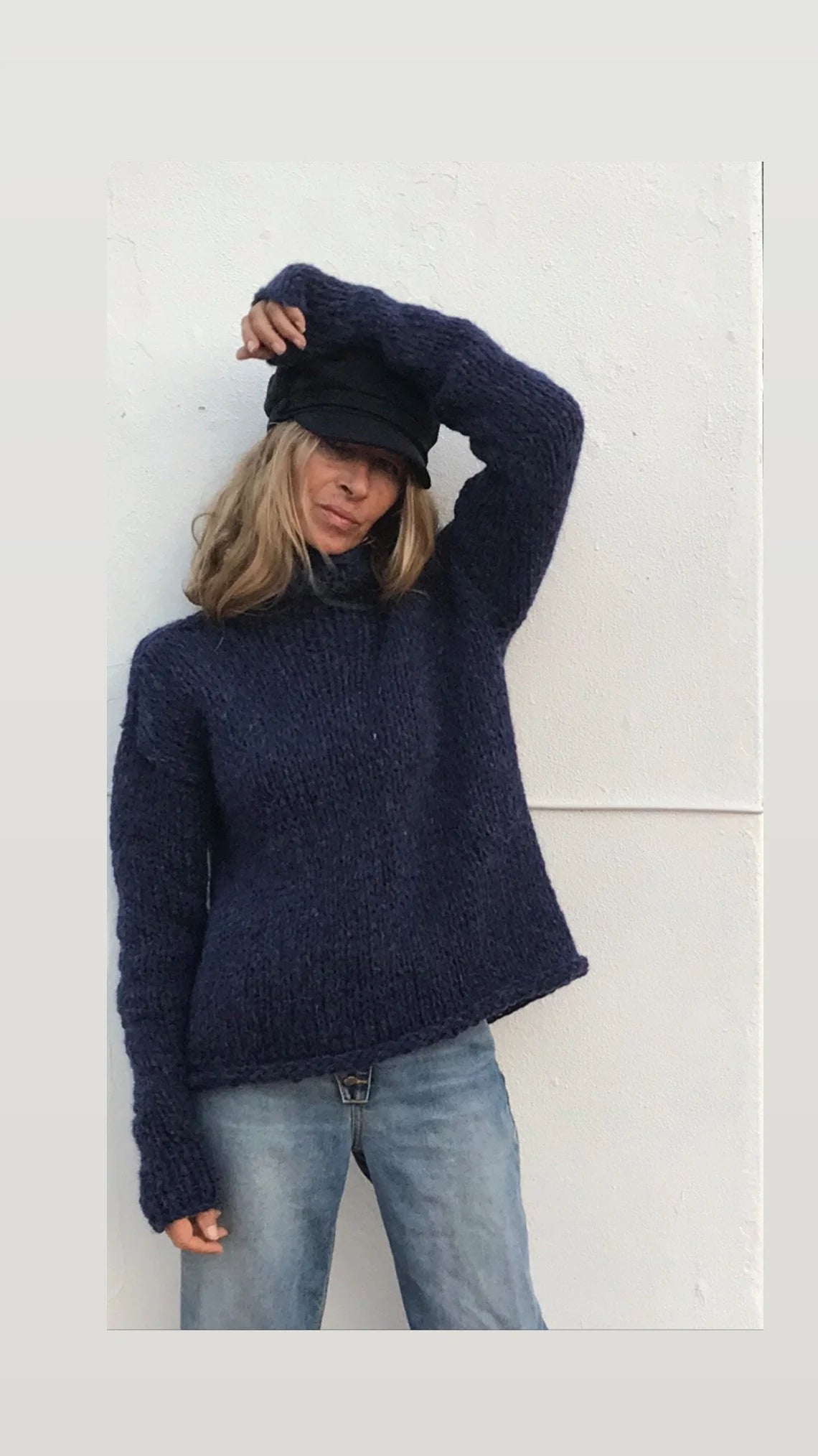 Navy Alpaca Blue Sweater, slouchy over-sized with extra long sleeves, slouchy pullover sustainable ethical