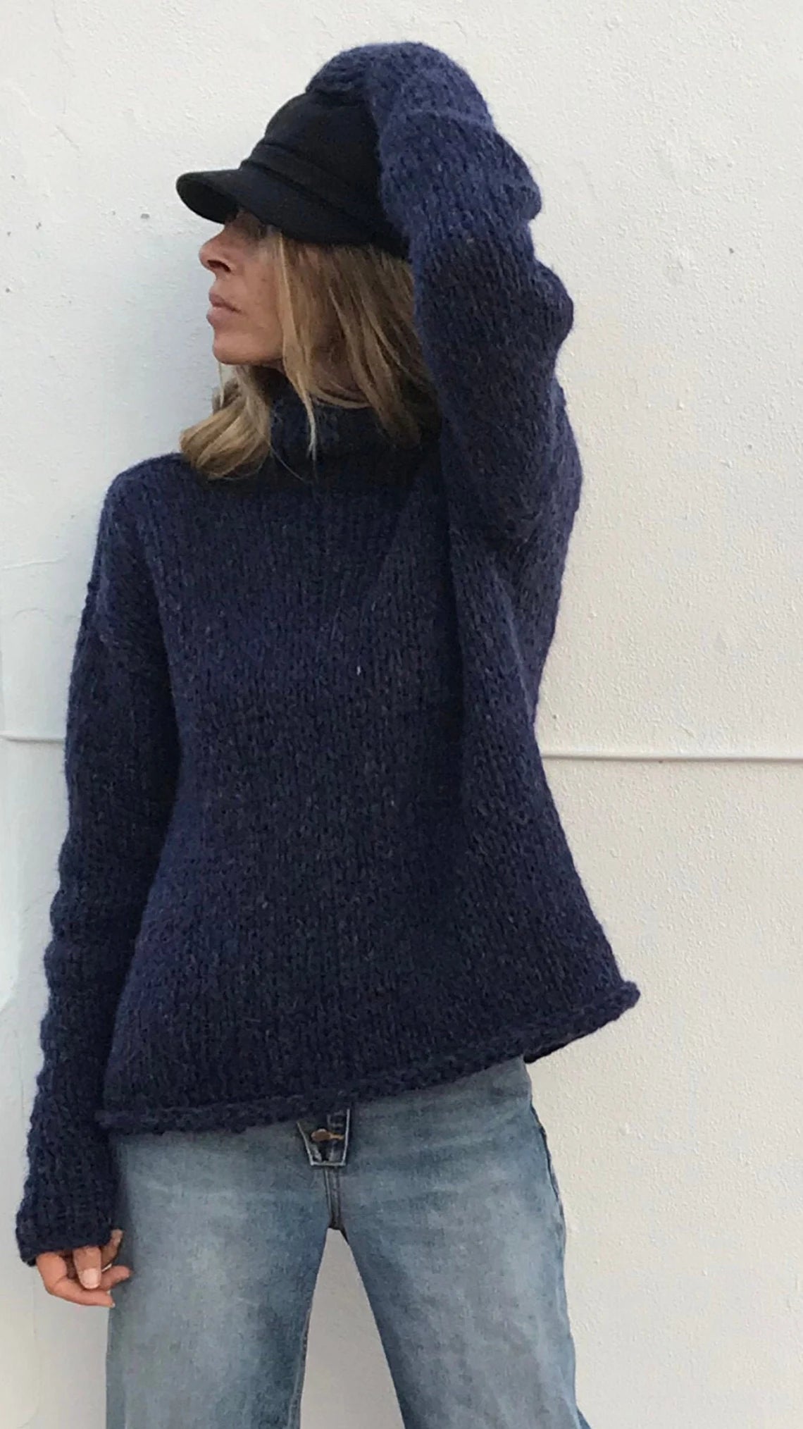 Navy Alpaca Blue Sweater, slouchy over-sized with extra long sleeves, slouchy pullover sustainable ethical