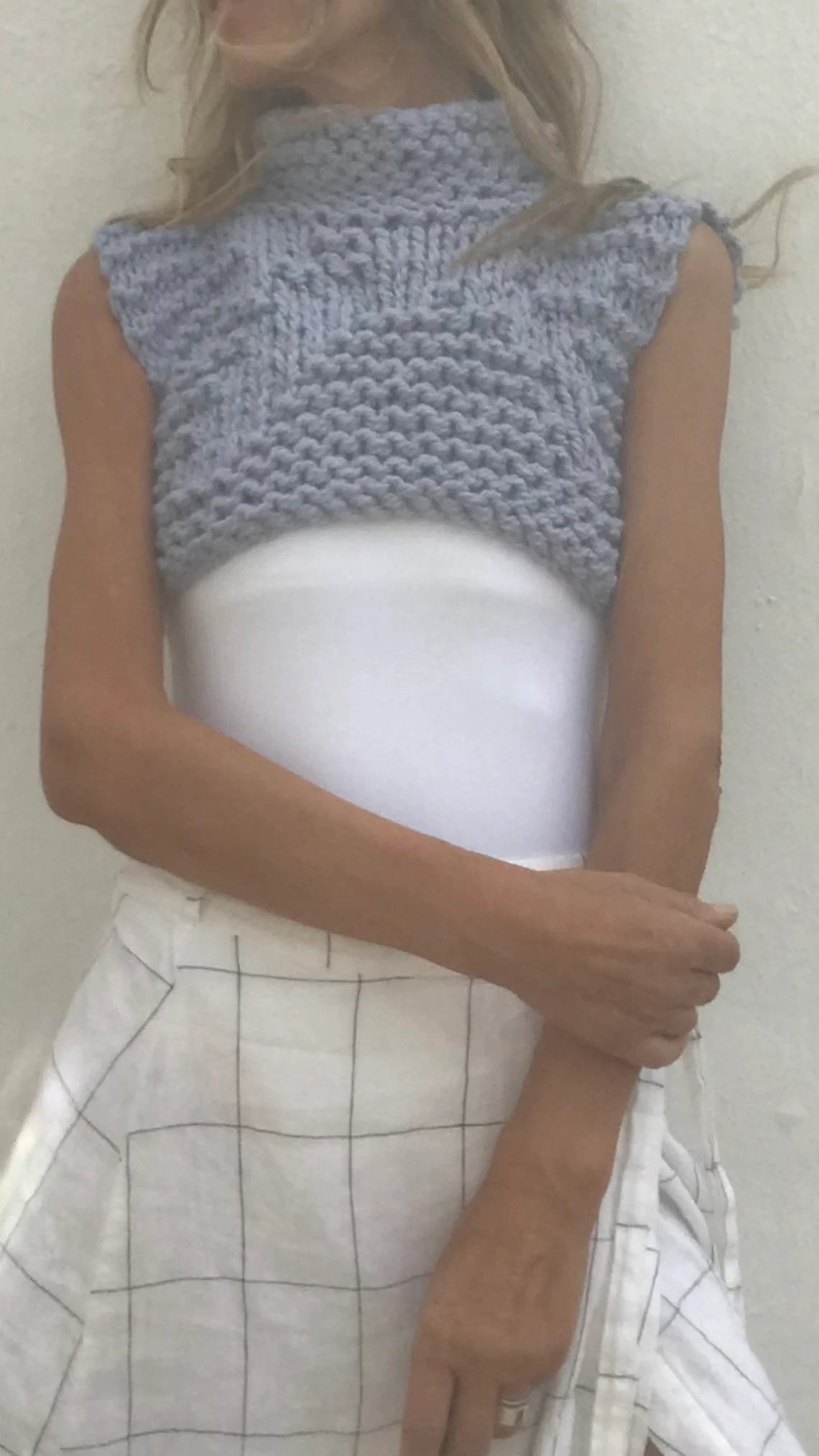 Pale Blue cropped tank vest sweater, Chunky knit