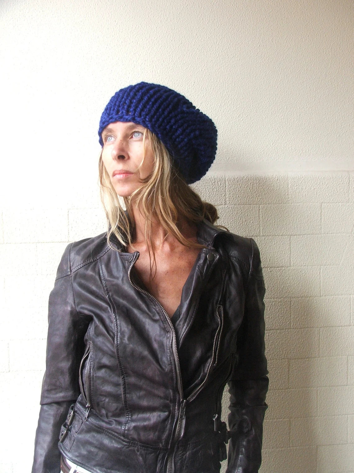 Blue hat, chunky beanie, vegan, Hand knit