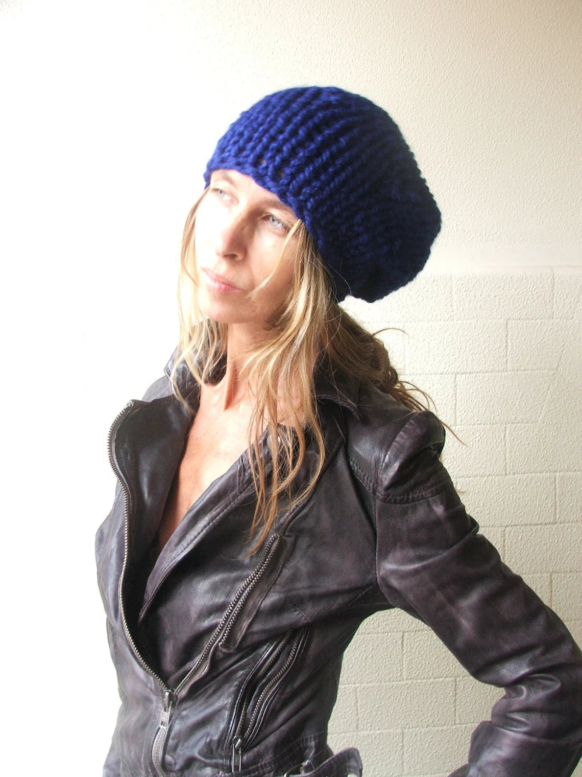 Blue hat, chunky beanie, vegan, Hand knit