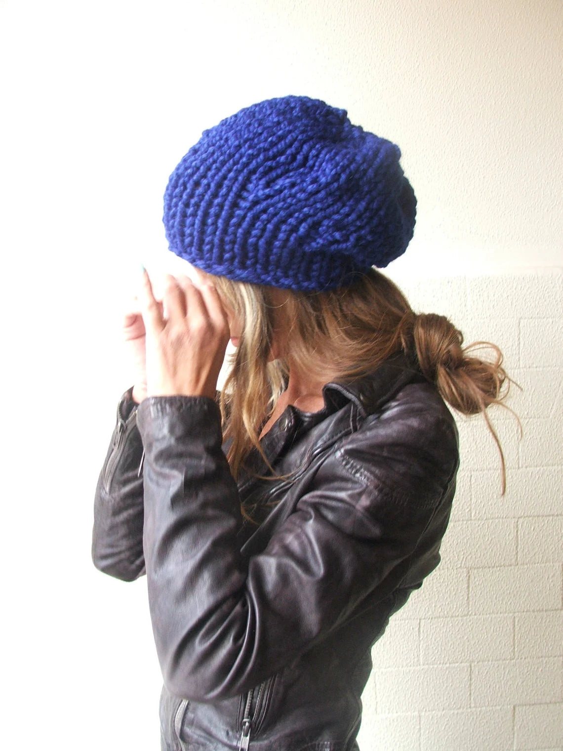 Blue hat, chunky beanie, vegan, Hand knit