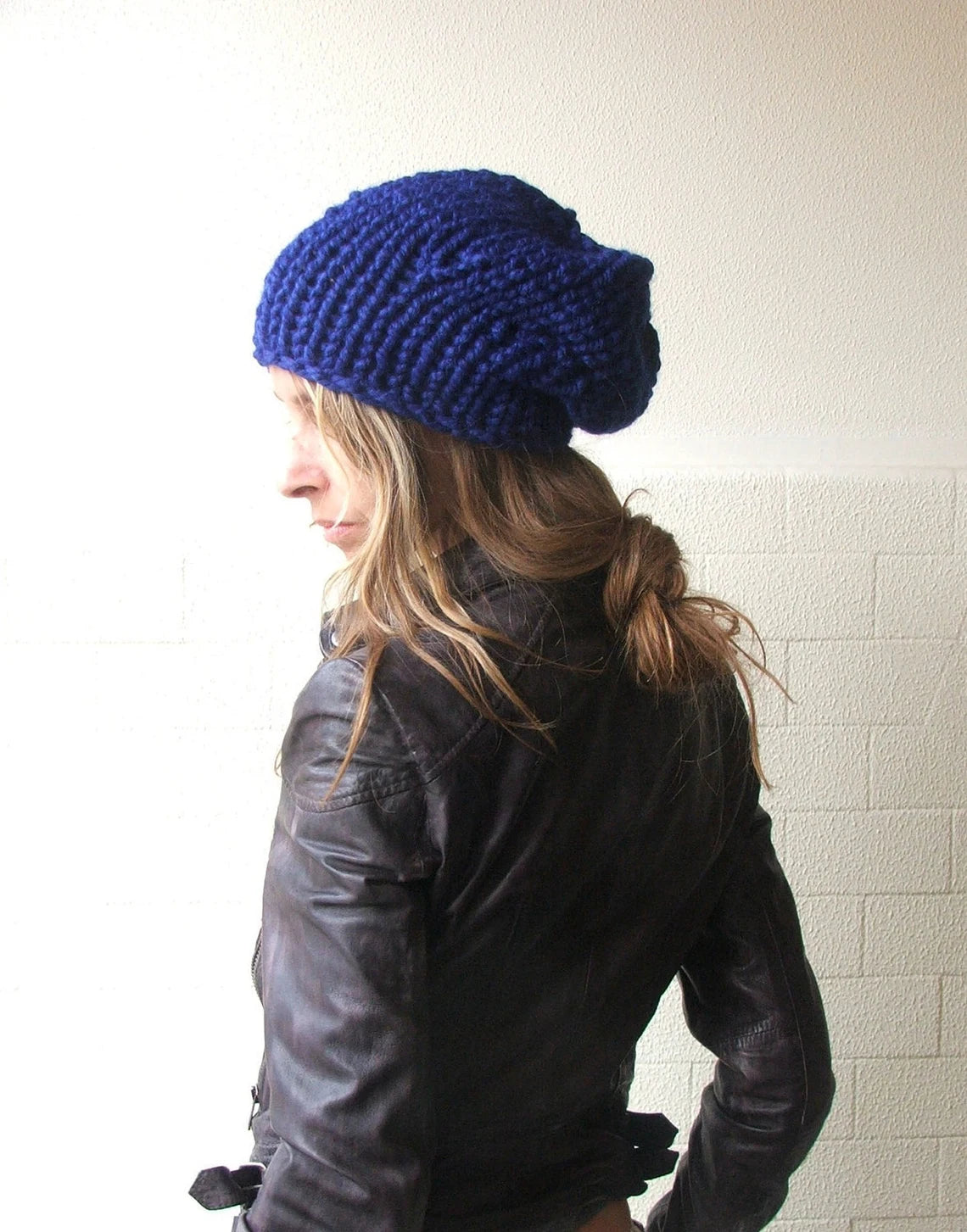 Blue hat, chunky beanie, vegan, Hand knit