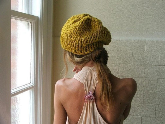 Mustard Yellow hat, beanie, vegan, chunky knit vegan hat