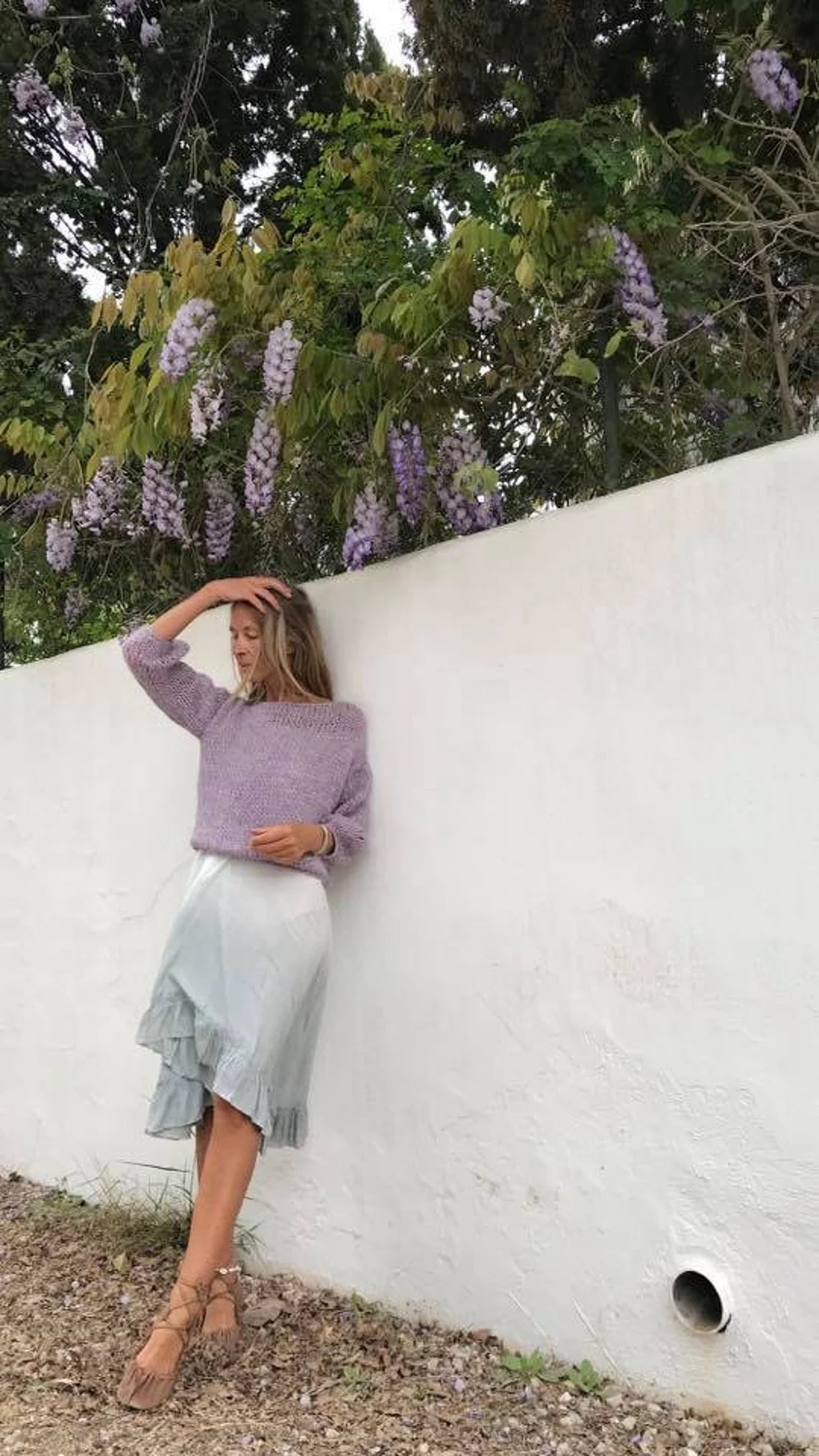 Lavender lilac purple puff sleeve sweater, lightweight alpaca summer sweater