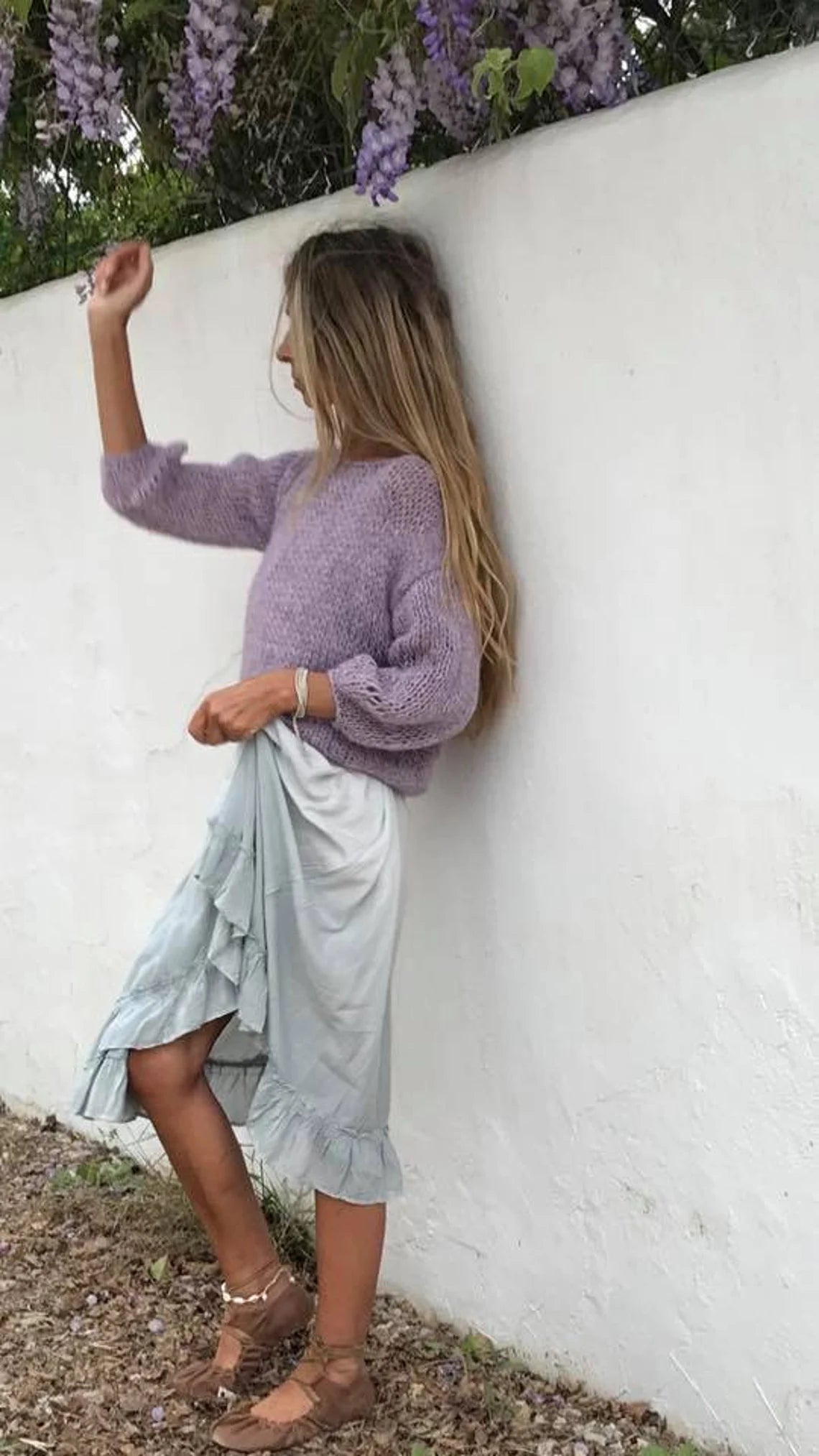 Lavender lilac purple puff sleeve sweater, lightweight alpaca summer sweater