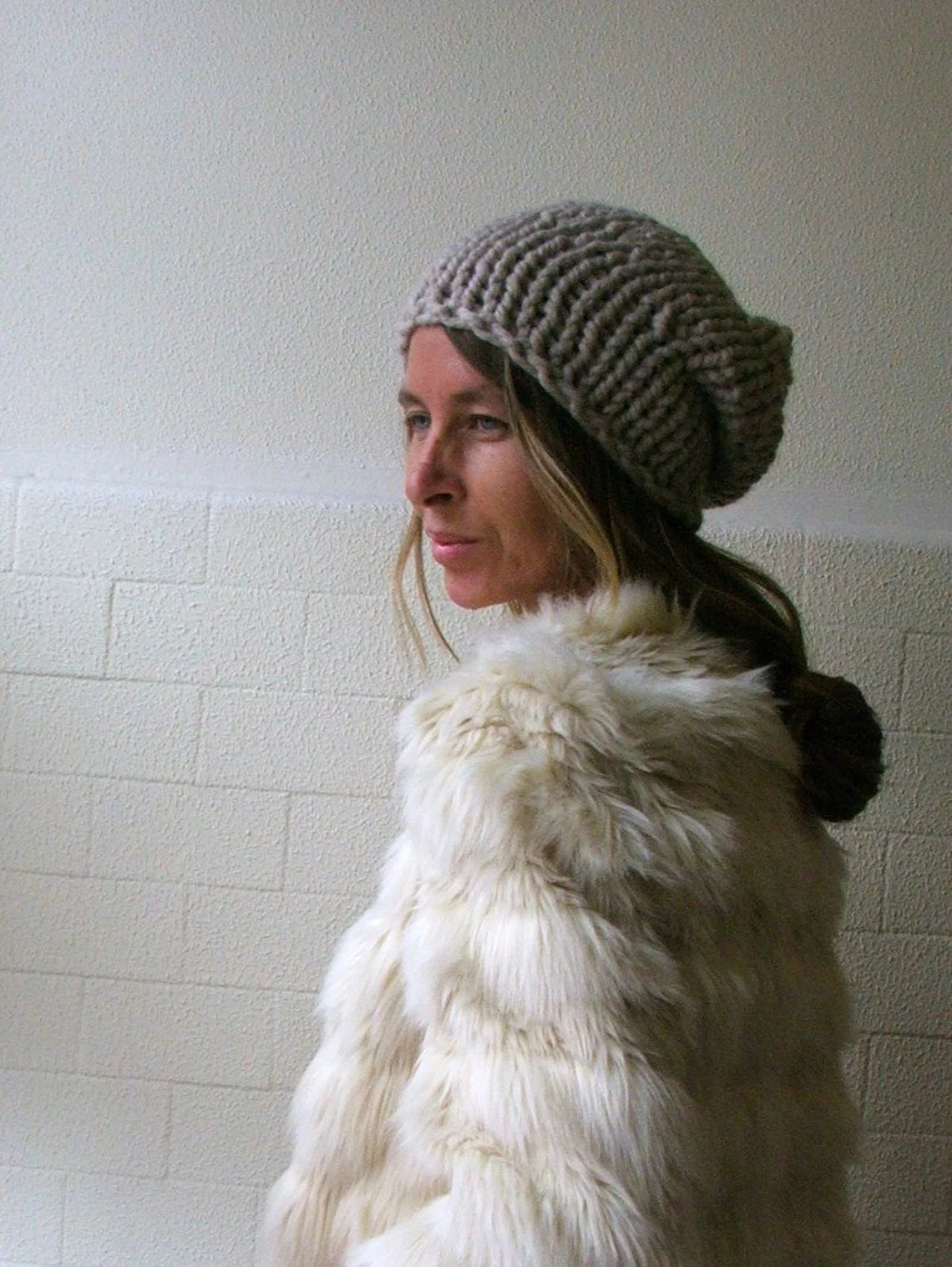 beige hat, fawn, chunky beanie, chunky slouchy hand knit Autumn vegan friendly