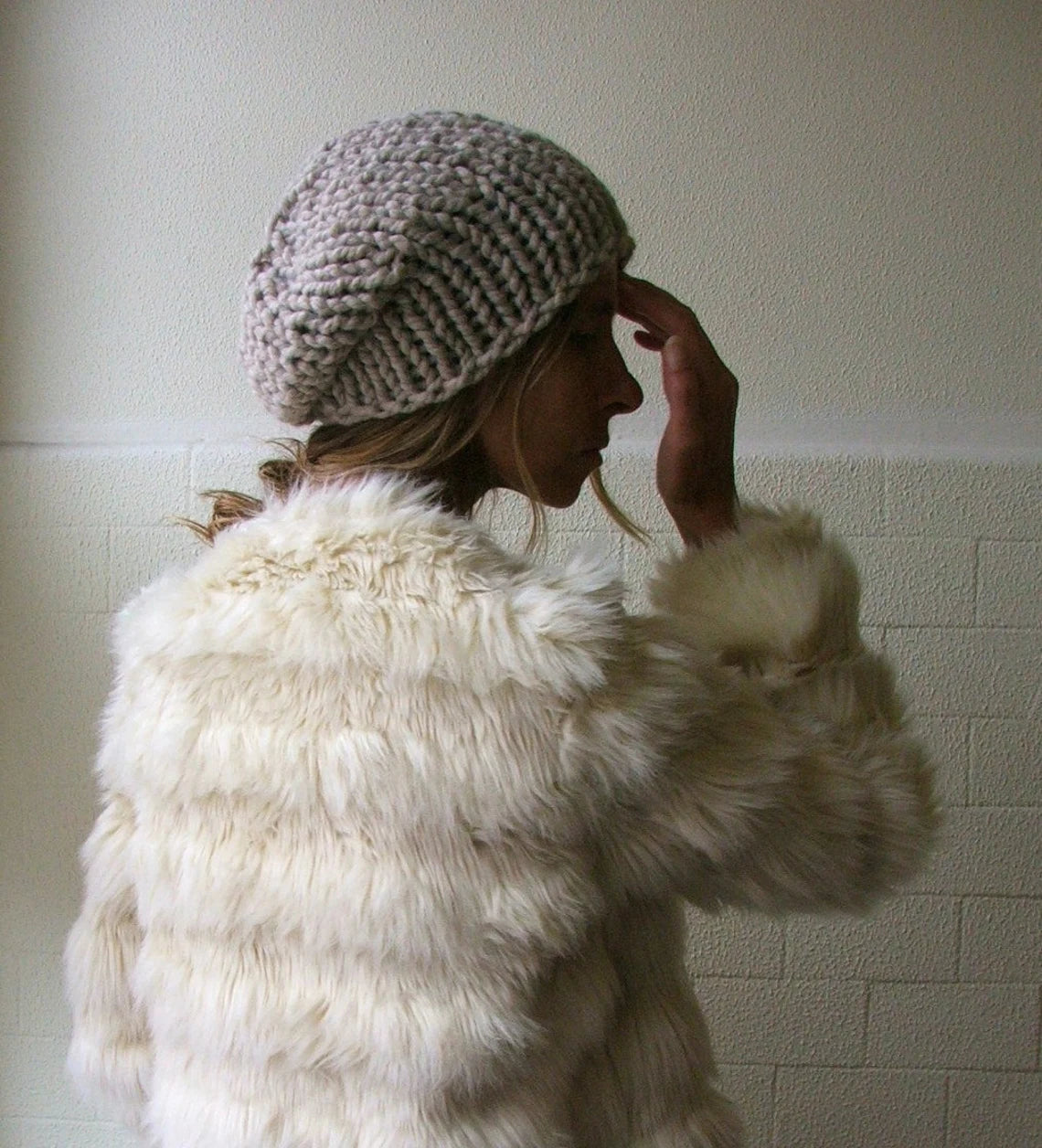 beige hat, fawn, chunky beanie, chunky slouchy hand knit Autumn vegan friendly