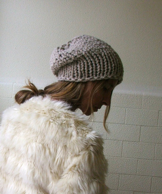 beige hat, fawn, chunky beanie, chunky slouchy hand knit Autumn vegan friendly