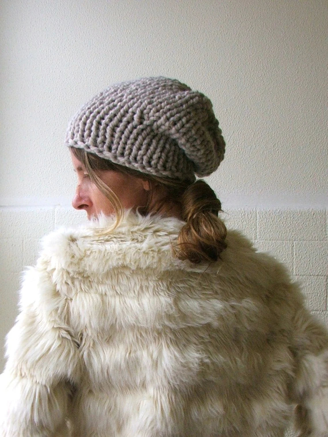 beige hat, fawn, chunky beanie, chunky slouchy hand knit Autumn vegan friendly