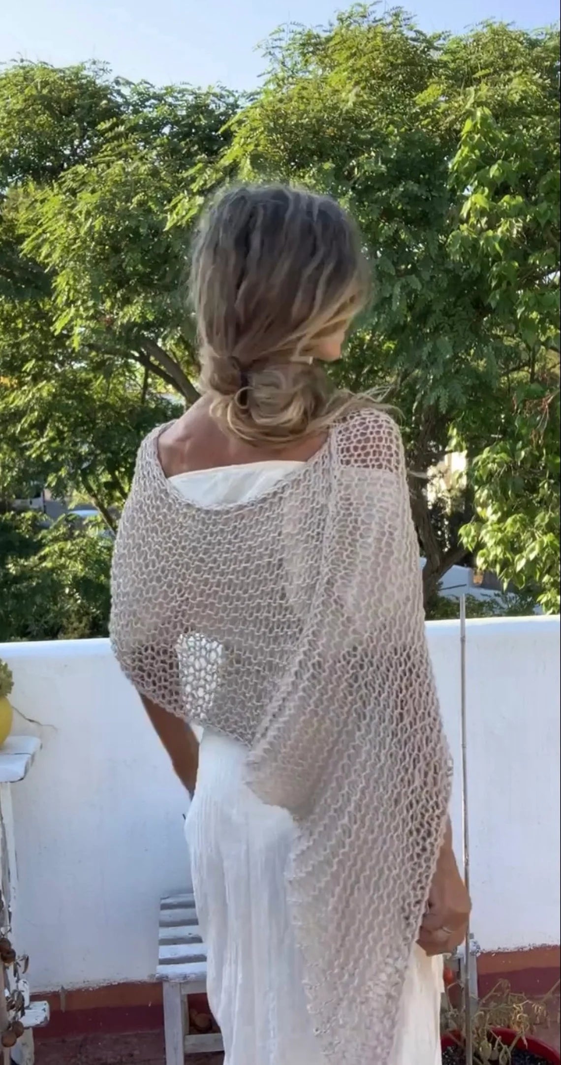 Beige cotton poncho, cover up, vegan top, sheer, handmade knitwear