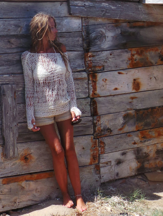 Alpaca Ivory white  boho beach sweater, women's lightweight open weave, sheer, boho grunge style  loose knit summer sweater