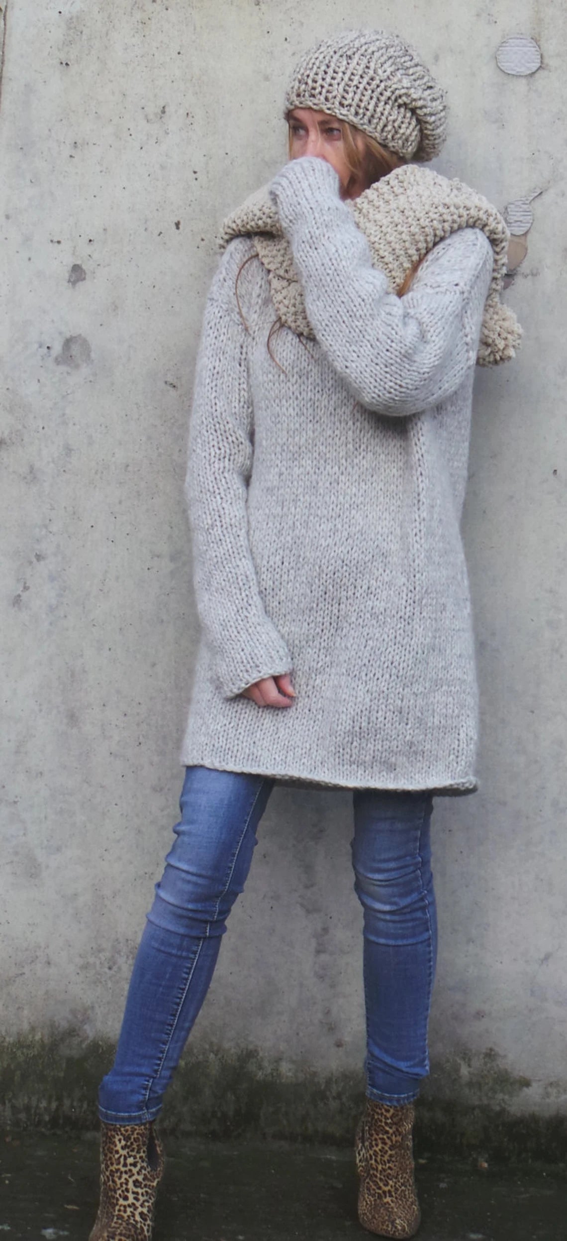 Silver gray Alpaca knit long sweater dress, slouchy with extra long sleeves sustainable ethical clothing