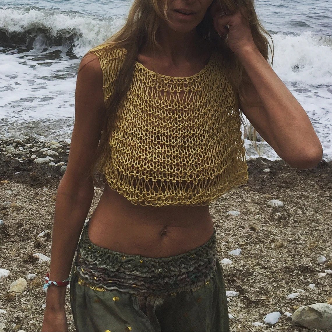 Yellow crop top loose knit cotton and linen beachwear cover up vegan clothing