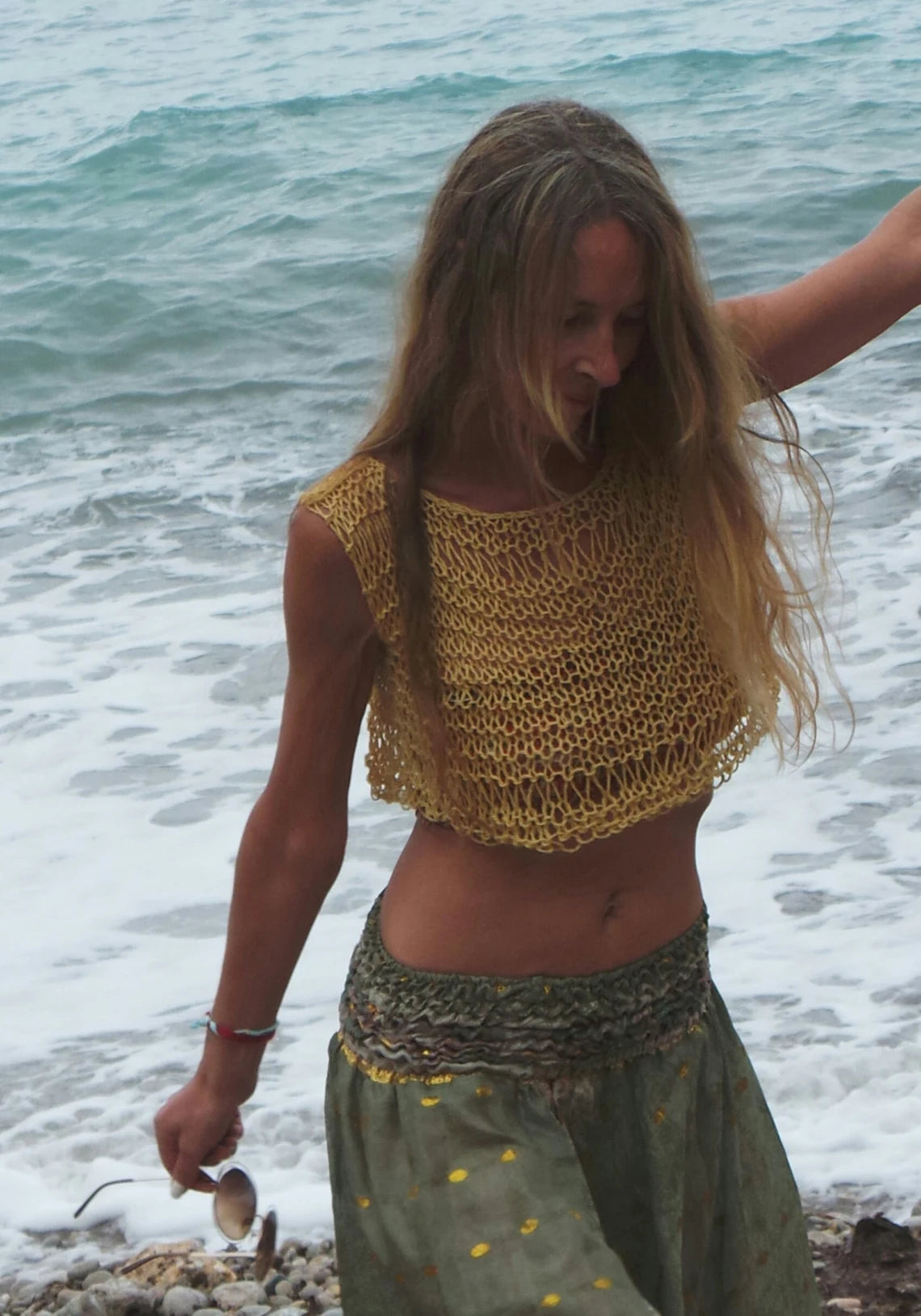 Yellow crop top loose knit cotton and linen beachwear cover up vegan clothing