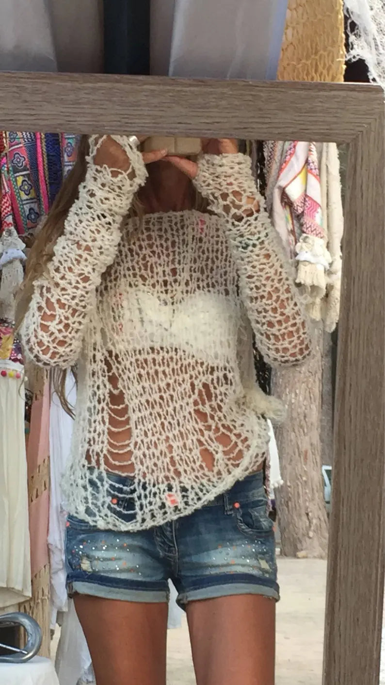 distressed sweater ivory white Alpaca sheer top  beachwear cover up, loose knit, open weave summer boho grunge sweater