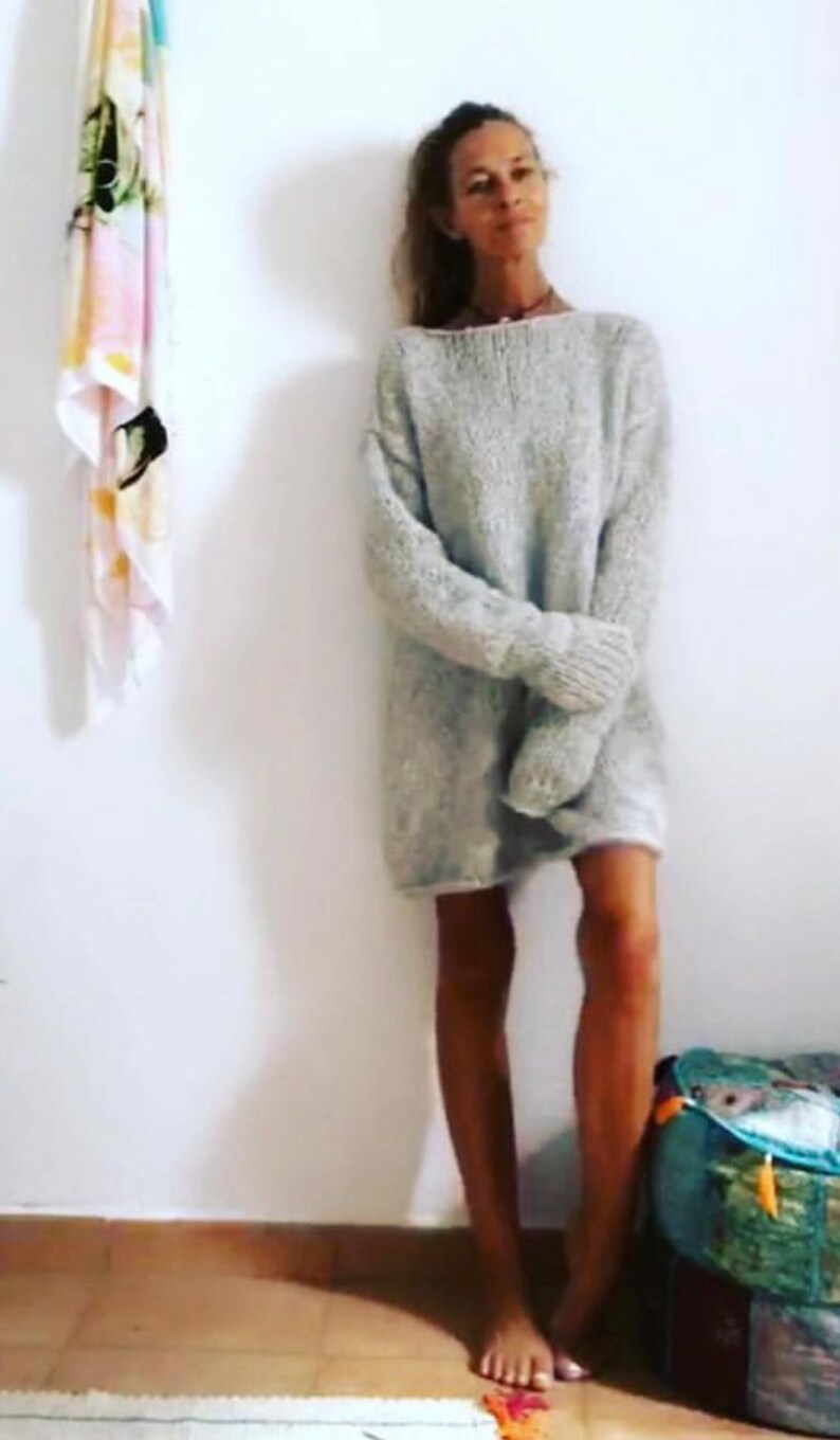 Silver gray Alpaca knit long sweater dress, slouchy with extra long sleeves sustainable ethical clothing