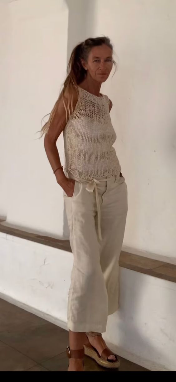 beige sheer knit tank top/vest/cotton linen/stripe top/loose weave/summer vest/ecru